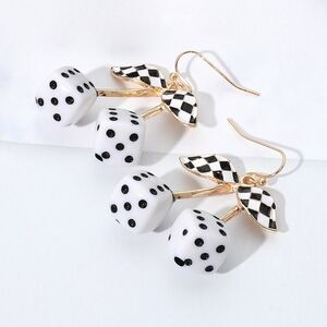 Retro White Checkered Dice Leaf Stem Cherry Dangle Earrings Enamel Cherries